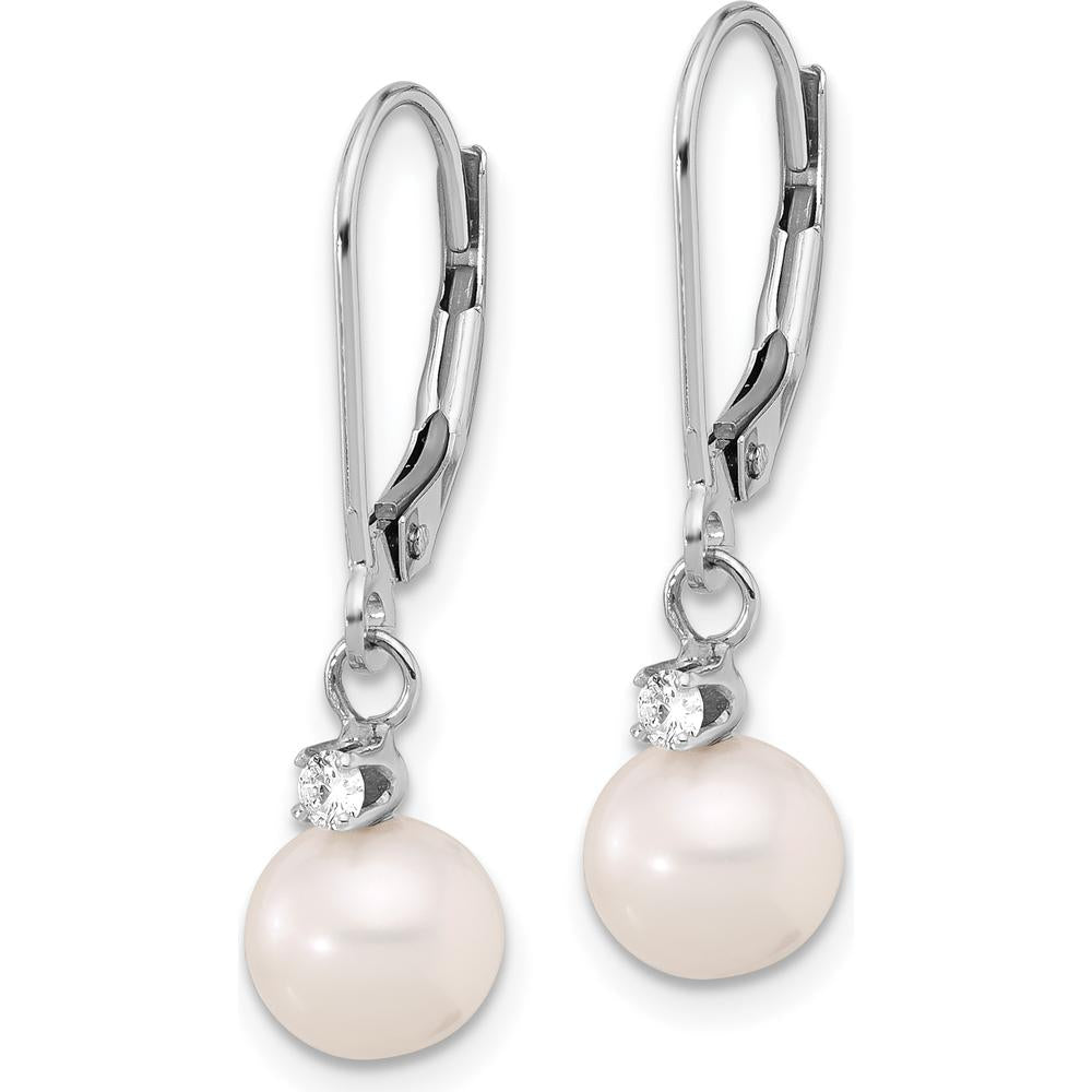 14K White Gold 7-8mm Freshwater Cultured Pearl and Diamond Dangle Earrings - 0.10 Carat Total Diamond Weight by Monteluci Fine Jewelry