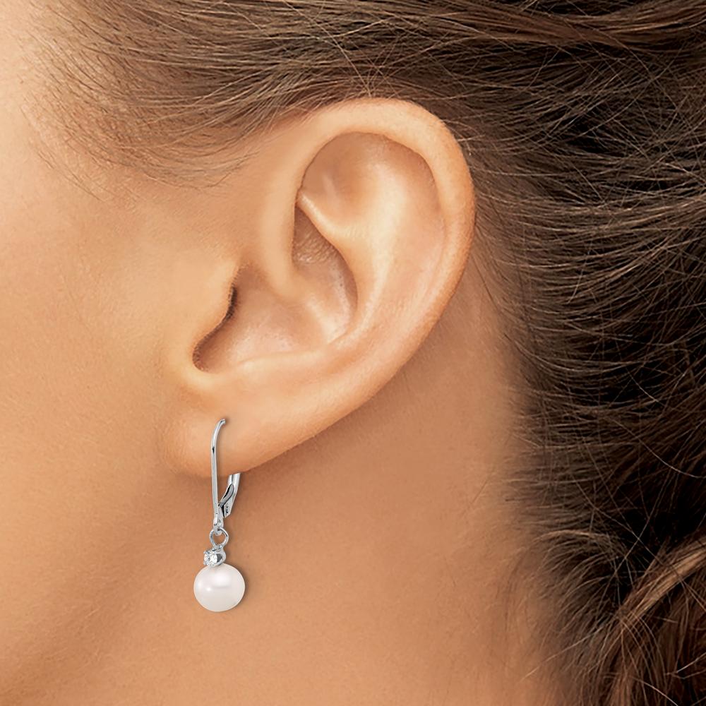 14K White Gold 7-8mm Freshwater Cultured Pearl and Diamond Dangle Earrings - 0.10 Carat Total Diamond Weight by Monteluci Fine Jewelry