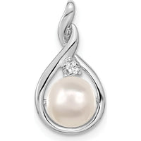14K White Gold 7-8mm Near Round Freshwater Pearl and Diamond Pendant with Faceted Round Diamond - 0.02 Carat Diamond Weight by Monteluci Fine Jewelry