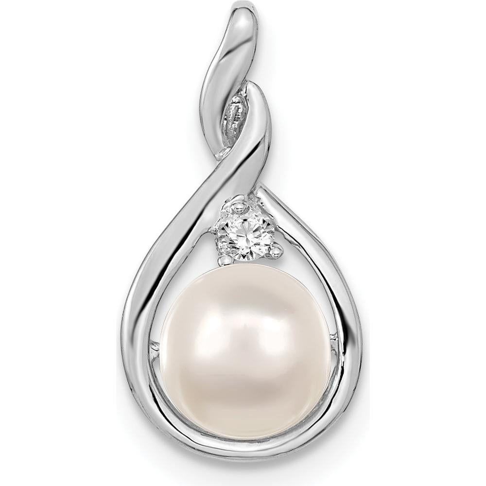 14K White Gold 7-8mm Near Round Freshwater Pearl and Diamond Pendant with Faceted Round Diamond - 0.02 Carat Diamond Weight by Monteluci Fine Jewelry
