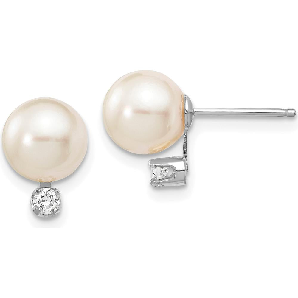 14K White Gold 7-8mm Round Akoya Cultured Pearl and Diamond Post Earrings - 0.10 Carat Total Diamond Weight by Monteluci Fine Jewelry