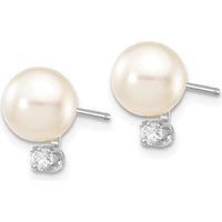 14K White Gold 7-8mm Round Akoya Cultured Pearl and Diamond Post Earrings - 0.10 Carat Total Diamond Weight by Monteluci Fine Jewelry