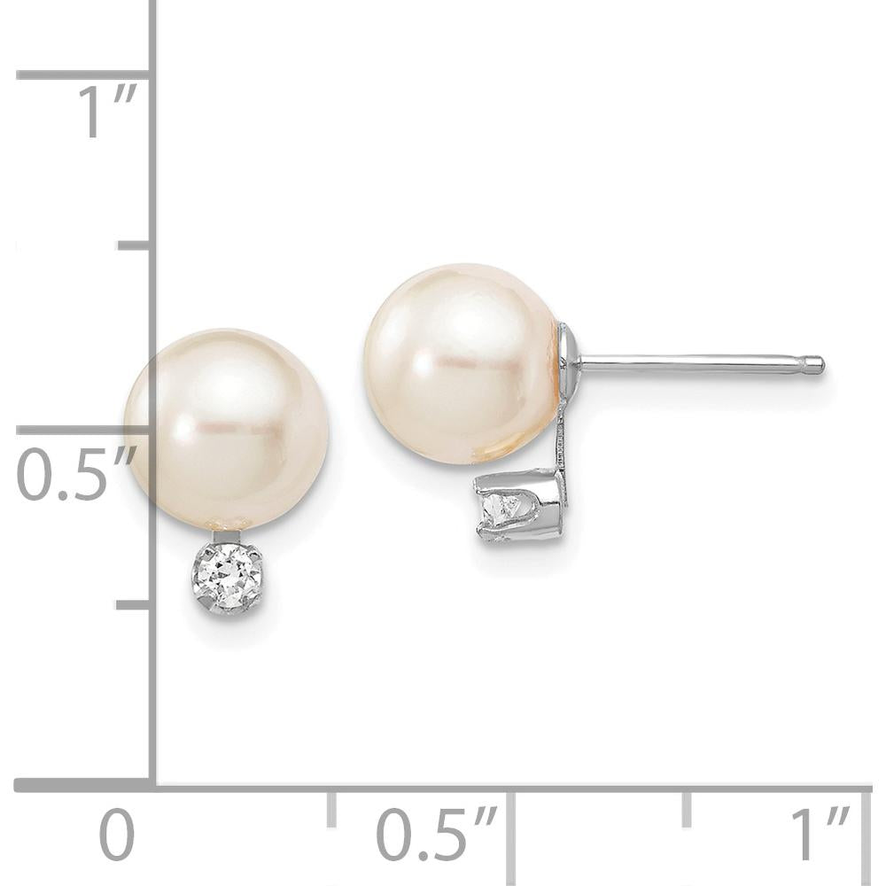 14K White Gold 7-8mm Round Akoya Cultured Pearl and Diamond Post Earrings - 0.10 Carat Total Diamond Weight by Monteluci Fine Jewelry