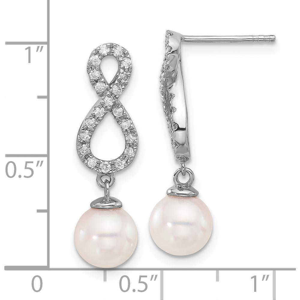 14K White Gold 7-8mm Round Akoya Pearl and .40 Carat Diamond Infinity Drop Earrings by Monteluci Fine Jewelry