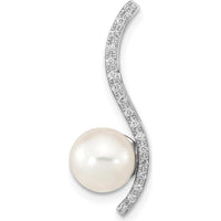 14K White Gold 7-8mm Round White Akoya Cultured Pearl and 0.06 Carat Diamond Pendant by Monteluci Fine Jewelry