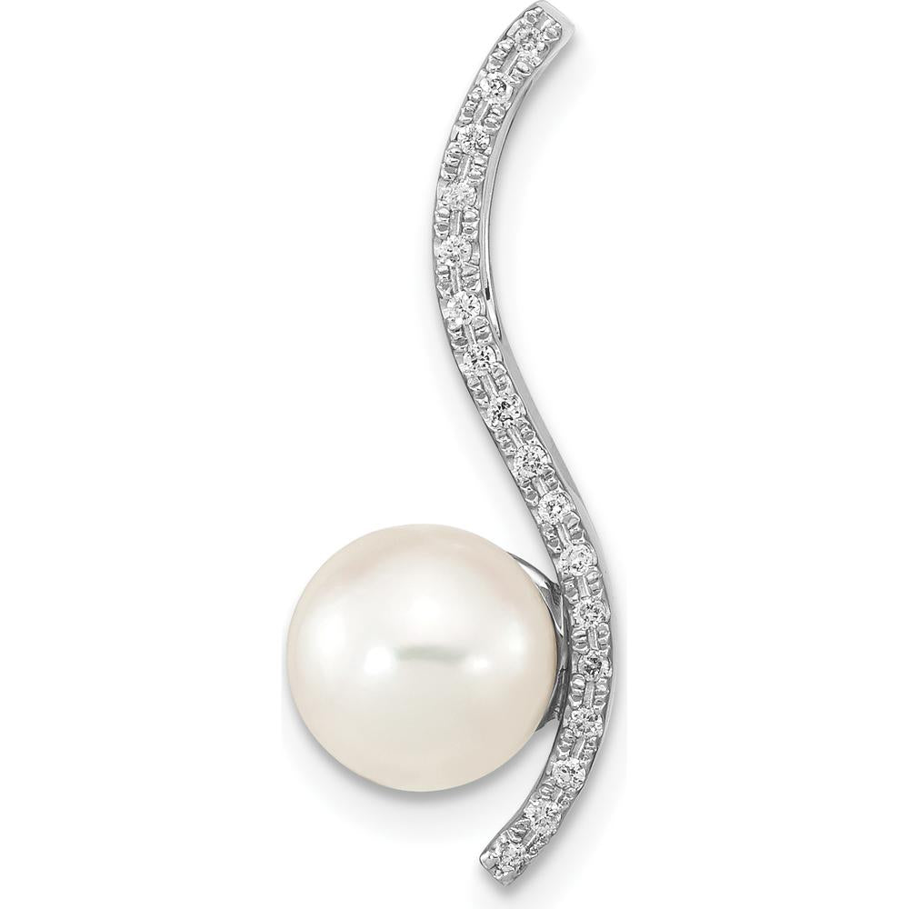 14K White Gold 7-8mm Round White Akoya Cultured Pearl and 0.06 Carat Diamond Pendant by Monteluci Fine Jewelry