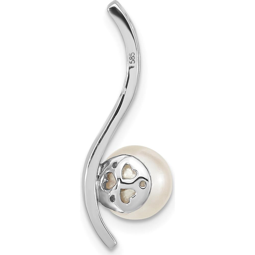 14K White Gold 7-8mm Round White Akoya Cultured Pearl and 0.06 Carat Diamond Pendant by Monteluci Fine Jewelry