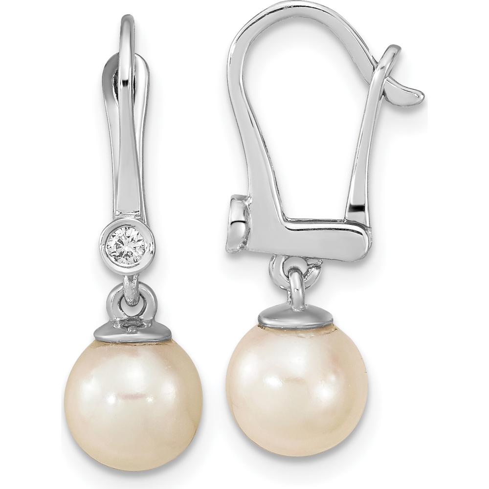 14K White Gold 7-8mm White Akoya Pearl and 0.05 Carat Diamond Dangle Earrings by Monteluci Fine Jewelry