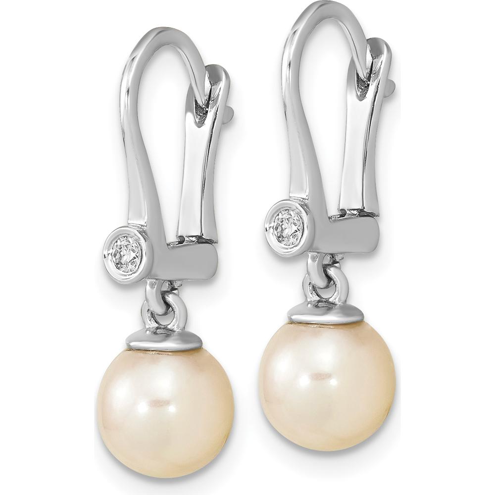 14K White Gold 7-8mm White Akoya Pearl and 0.05 Carat Diamond Dangle Earrings by Monteluci Fine Jewelry