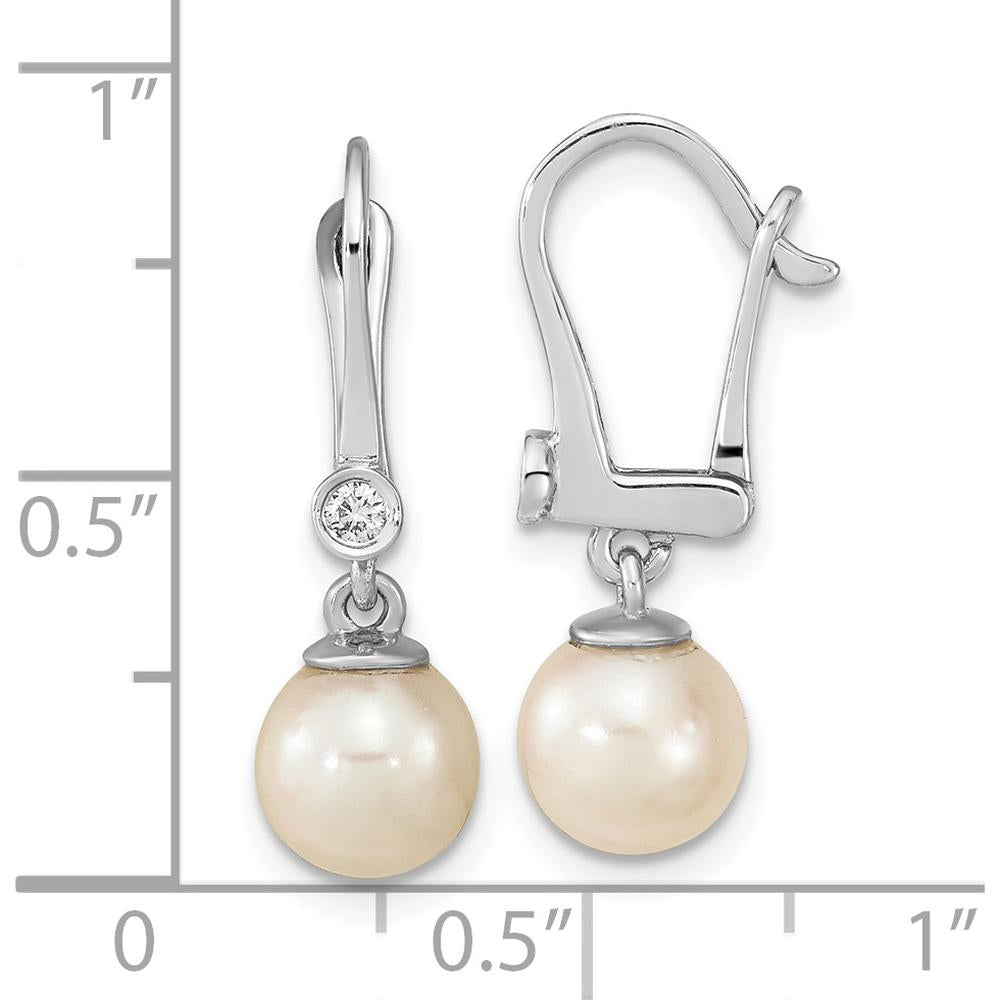 14K White Gold 7-8mm White Akoya Pearl and 0.05 Carat Diamond Dangle Earrings by Monteluci Fine Jewelry