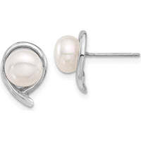 14K White Gold 7-8mm White Button Freshwater Cultured Pearl Post Earrings with Rhodium Plating by Monteluci Fine Jewelry
