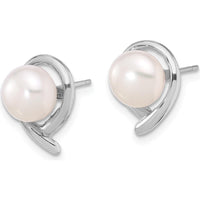 14K White Gold 7-8mm White Button Freshwater Cultured Pearl Post Earrings with Rhodium Plating by Monteluci Fine Jewelry
