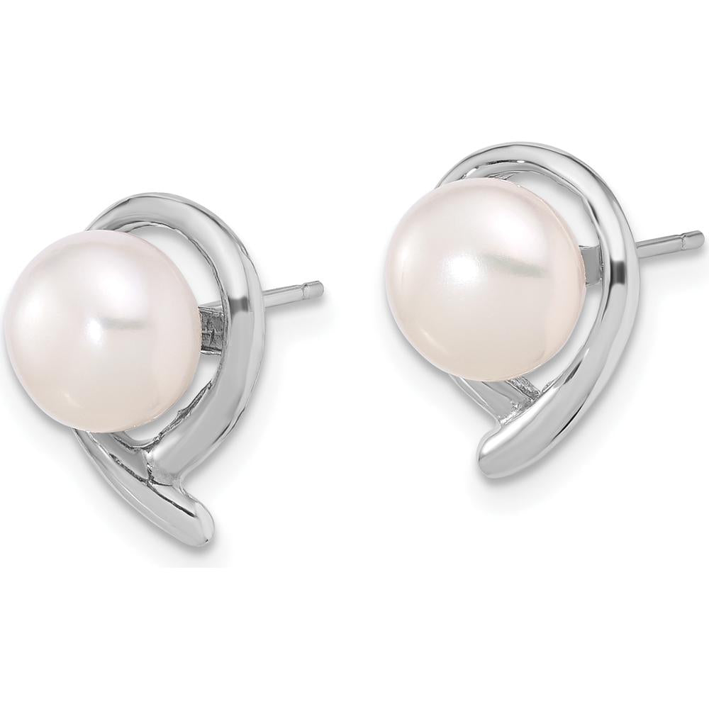 14K White Gold 7-8mm White Button Freshwater Cultured Pearl Post Earrings with Rhodium Plating by Monteluci Fine Jewelry