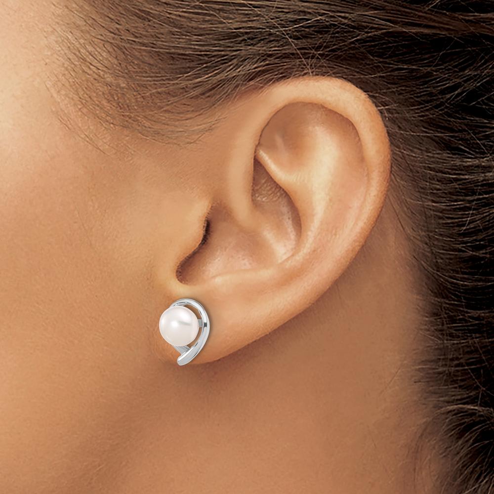 14K White Gold 7-8mm White Button Freshwater Cultured Pearl Post Earrings with Rhodium Plating by Monteluci Fine Jewelry