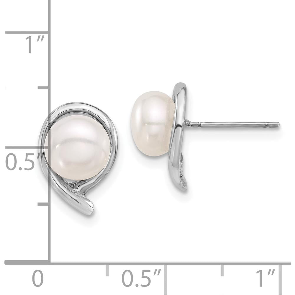14K White Gold 7-8mm White Button Freshwater Cultured Pearl Post Earrings with Rhodium Plating by Monteluci Fine Jewelry