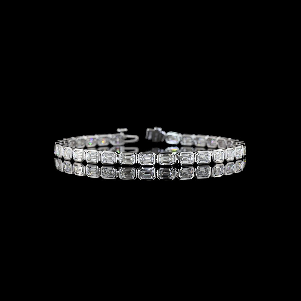 14K White Gold 7.90 Carat East-West Emerald Cut Lab Diamond Tennis Bracelet with Bezel Setting - 31 Stones E-F VS Quality - Covaloro Fine Jewelry