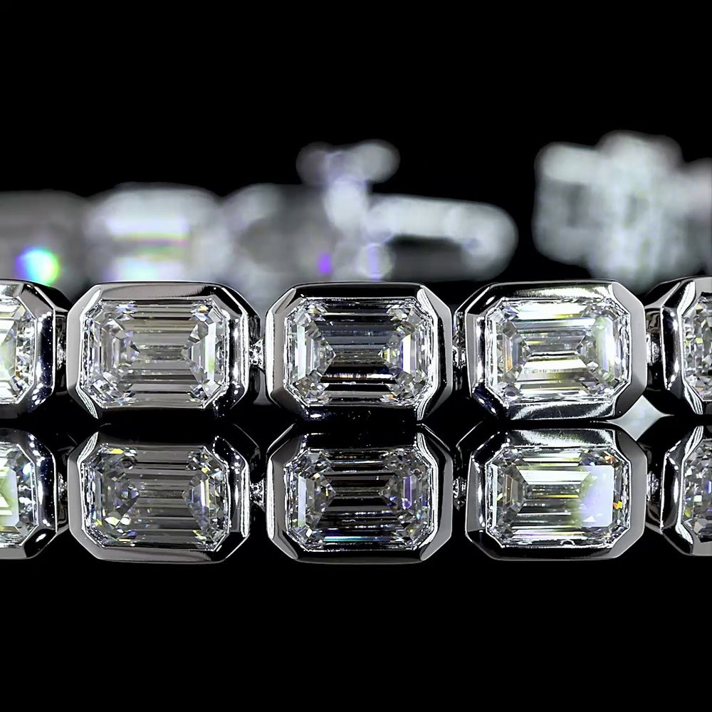 14K White Gold 7.90 Carat East-West Emerald Cut Lab Diamond Tennis Bracelet with Bezel Setting - 31 Stones E-F VS Quality - Covaloro Fine Jewelry
