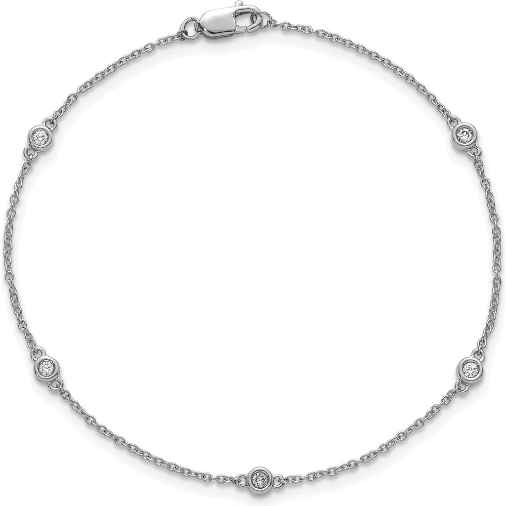 14K White Gold 7" Bezel-set Diamond Cable Chain 5-Station Bracelet - 1/10 Carat Total Diamond Weight by Oro Pregiato