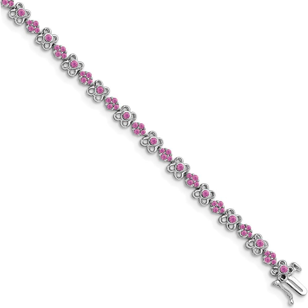 14K White Gold 7" Bracelet with Lab-Created Pink Sapphire Flowers - 0.85 Carats Total Pink Sapphire Weight by Monteluci Fine Jewelry