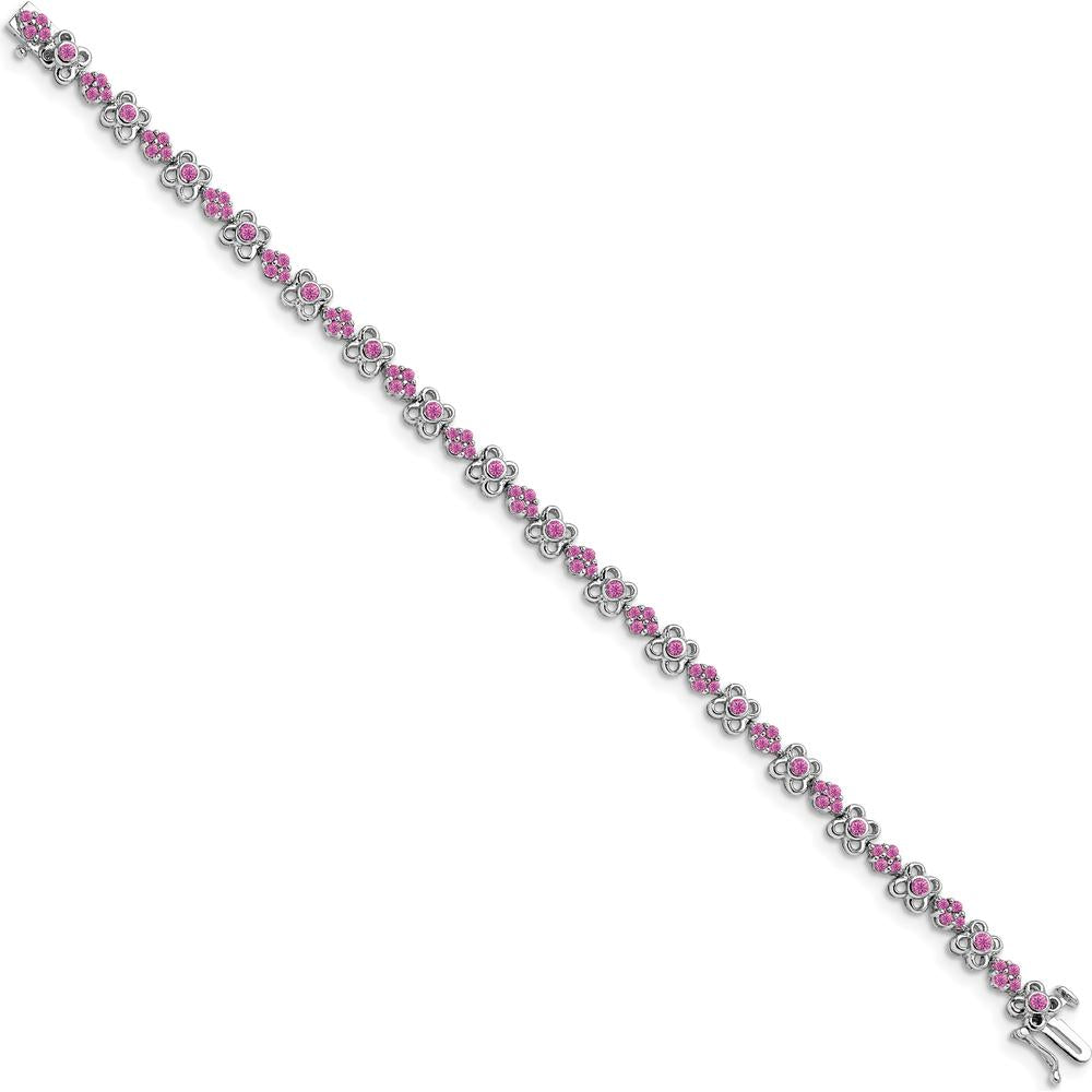 14K White Gold 7" Bracelet with Lab-Created Pink Sapphire Flowers - 0.85 Carats Total Pink Sapphire Weight by Monteluci Fine Jewelry
