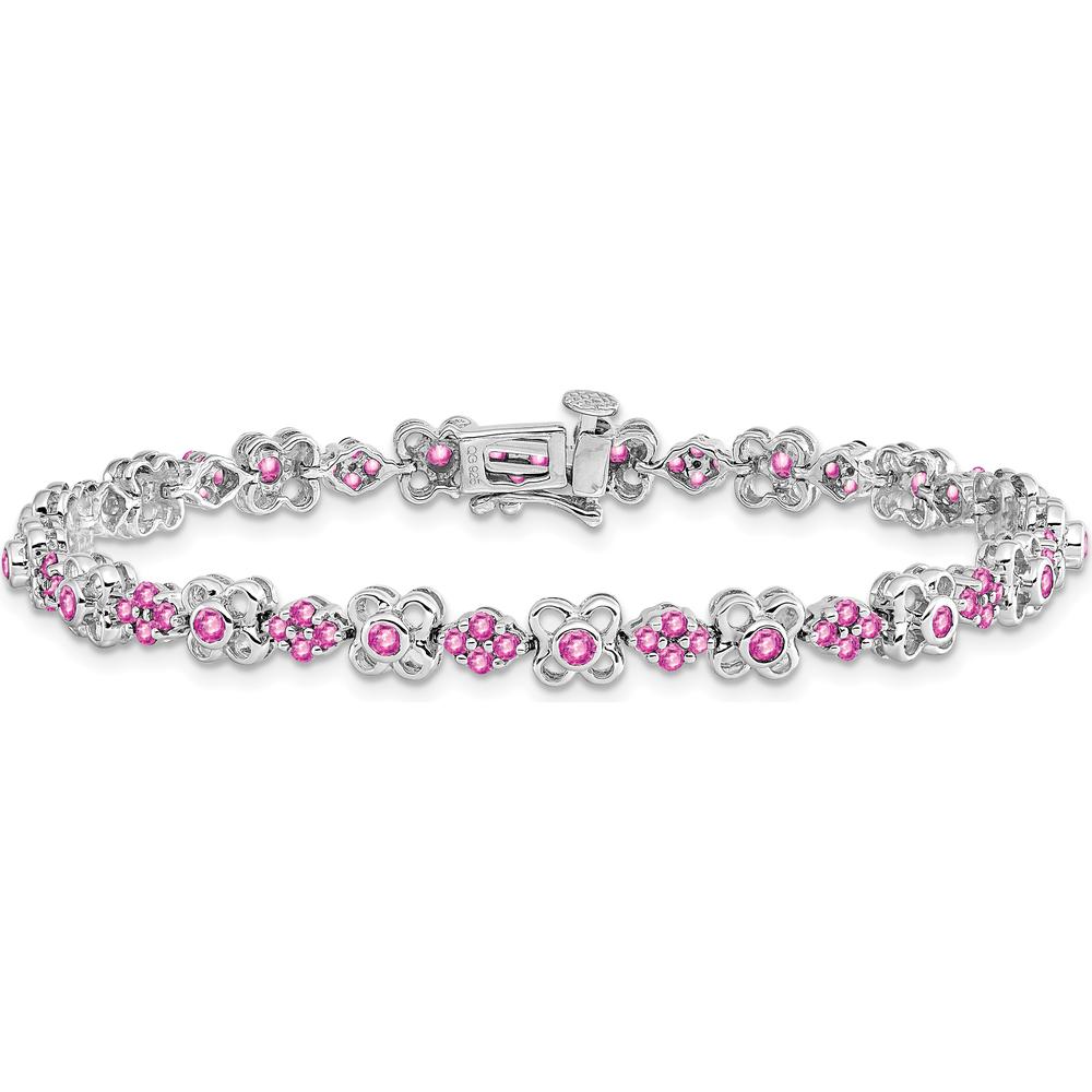 14K White Gold 7" Bracelet with Lab-Created Pink Sapphire Flowers - 0.85 Carats Total Pink Sapphire Weight by Monteluci Fine Jewelry