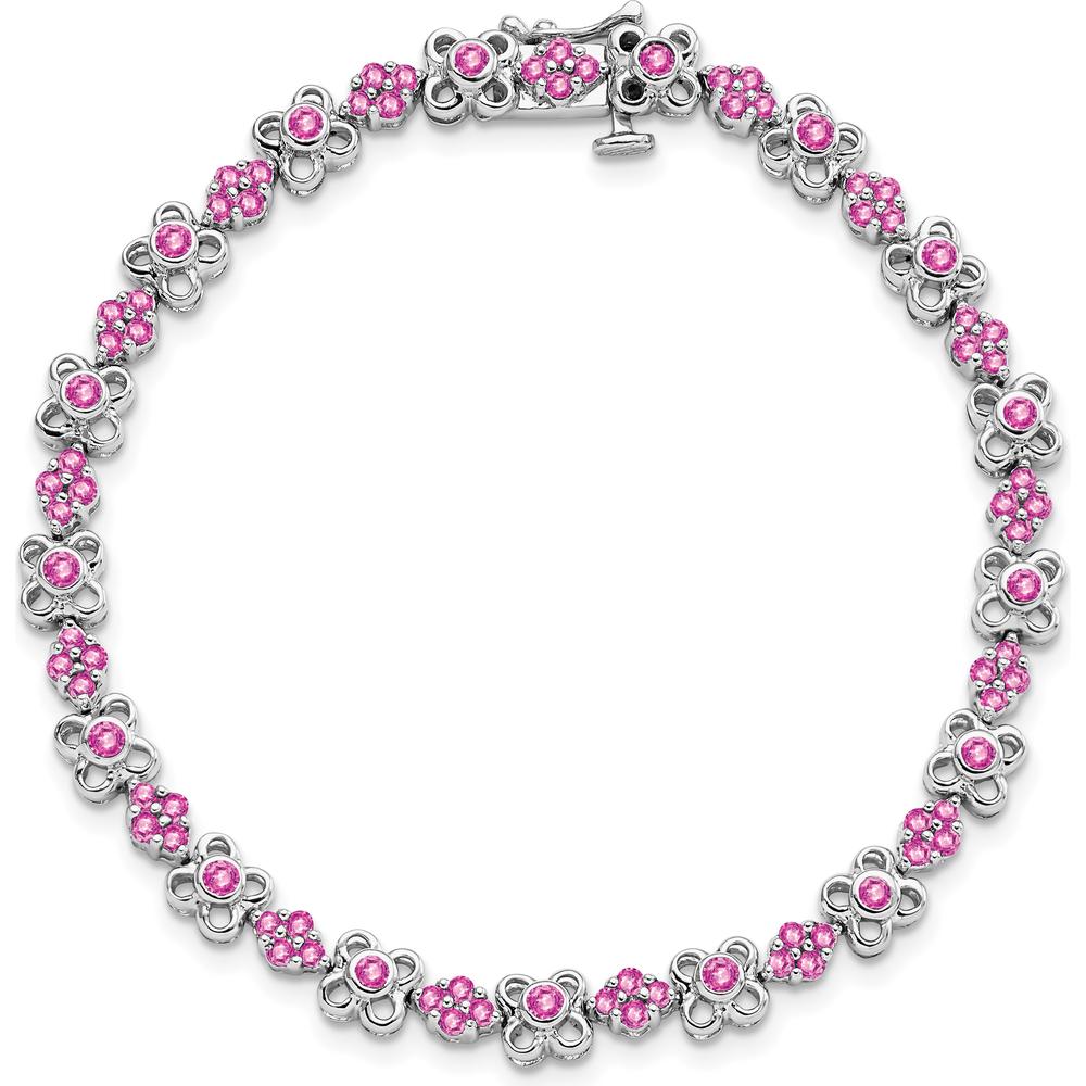 14K White Gold 7" Bracelet with Lab-Created Pink Sapphire Flowers - 0.85 Carats Total Pink Sapphire Weight by Monteluci Fine Jewelry