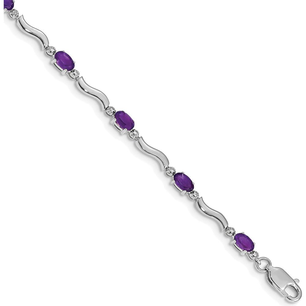 14K White Gold 7" Bracelet with Oval Amethyst and Round Diamond Accents - 0.23 Carats Amethyst Weight, 0.01 Carats Total Diamond Weight by Oro Pregiato