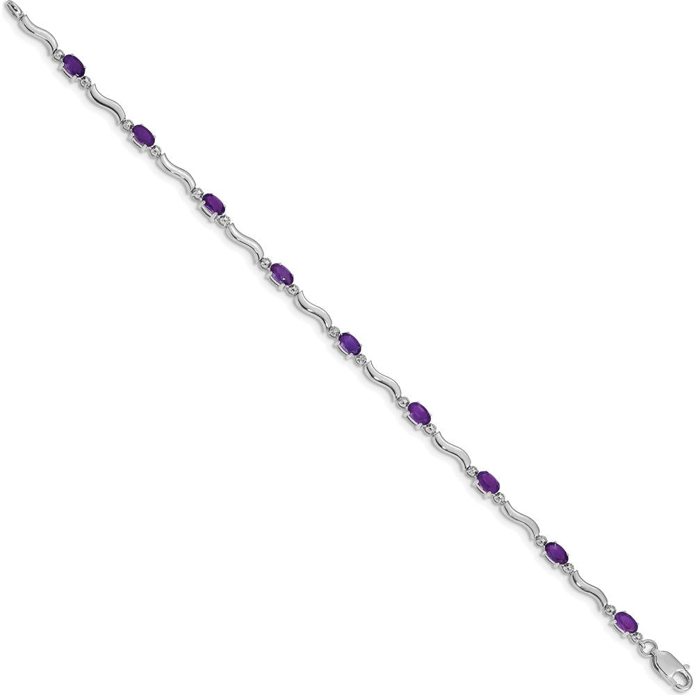 14K White Gold 7" Bracelet with Oval Amethyst and Round Diamond Accents - 0.23 Carats Amethyst Weight, 0.01 Carats Total Diamond Weight by Oro Pregiato