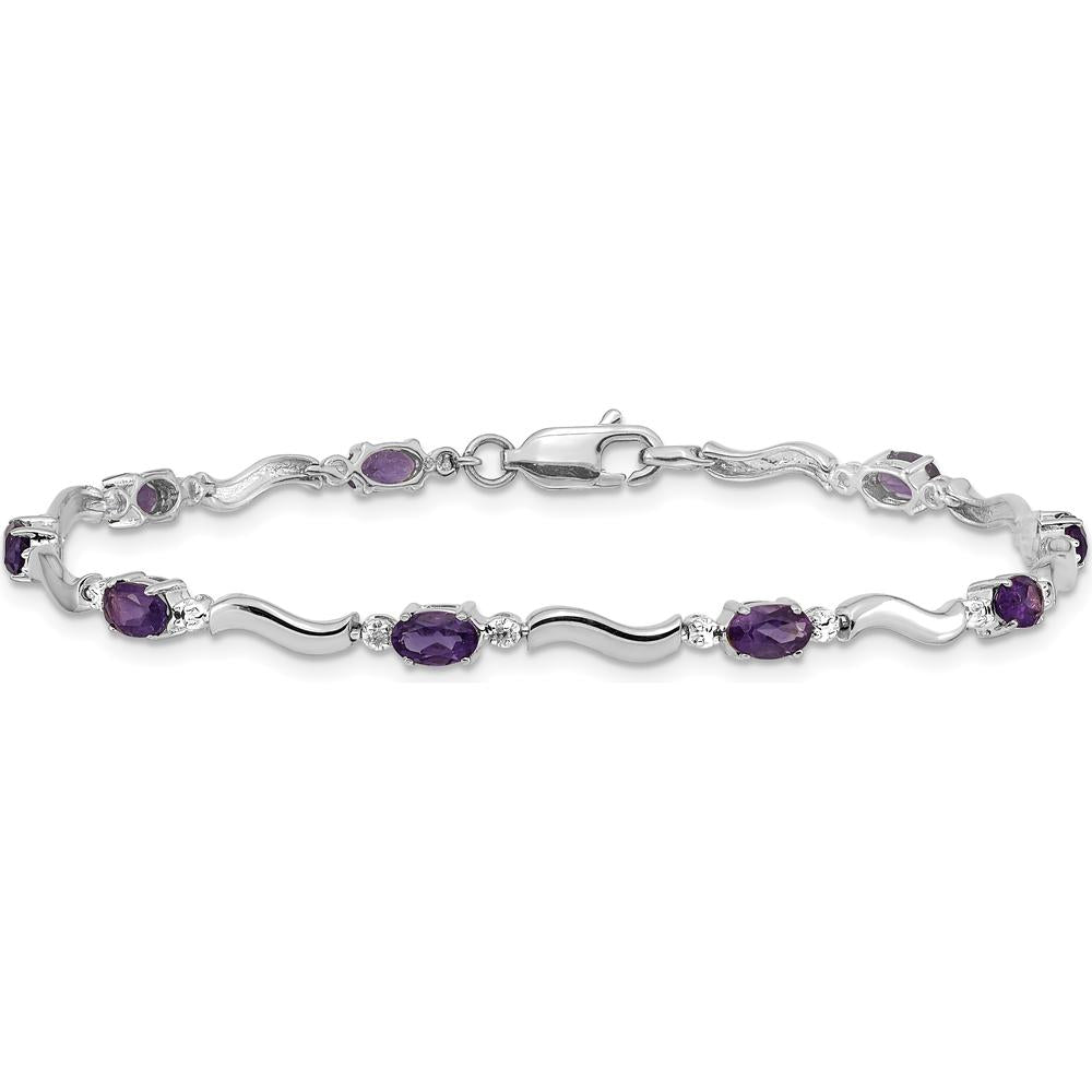 14K White Gold 7" Bracelet with Oval Amethyst and Round Diamond Accents - 0.23 Carats Amethyst Weight, 0.01 Carats Total Diamond Weight by Oro Pregiato