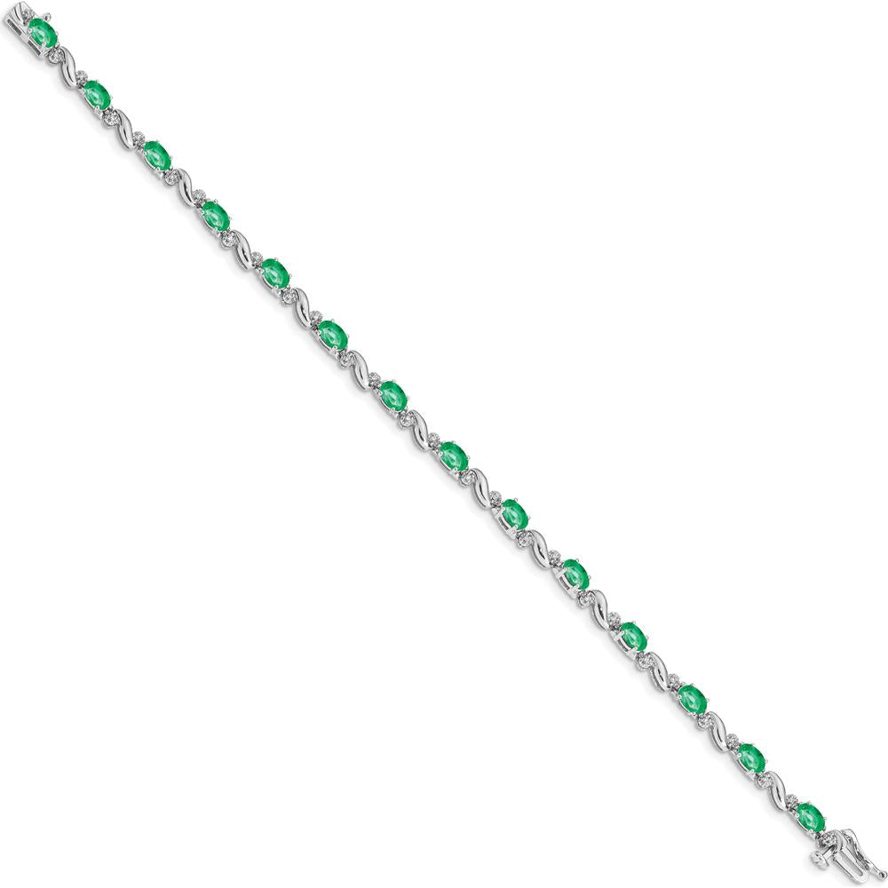 14K White Gold 7" Bracelet with Oval Emeralds and Round Diamonds - 0.21 Carats Total Emerald Weight, 0.11 Carats Total Diamond Weight by Monteluci Fine Jewelry