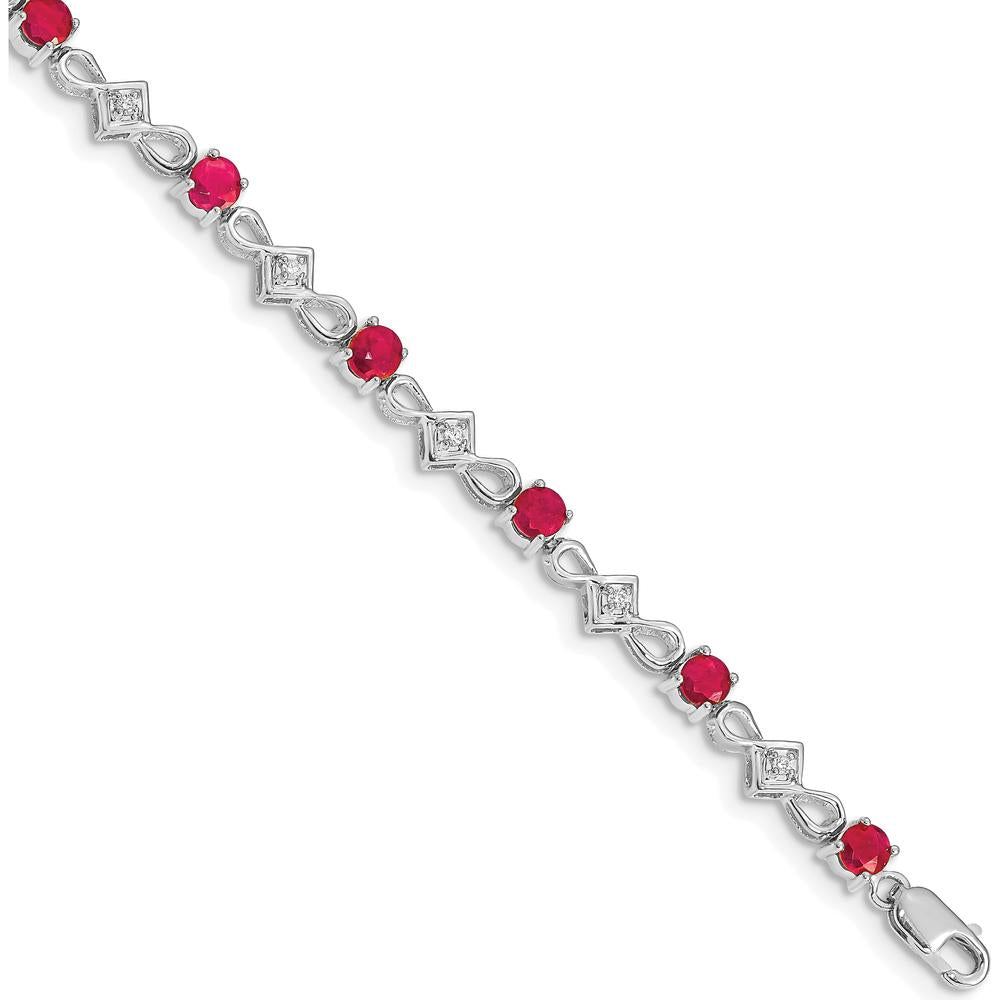 14K White Gold 7" Complete Diamond and Round Ruby Bracelet - 0.153 Carats Ruby, 0.01 Carats Diamond by Monteluci Fine Jewelry