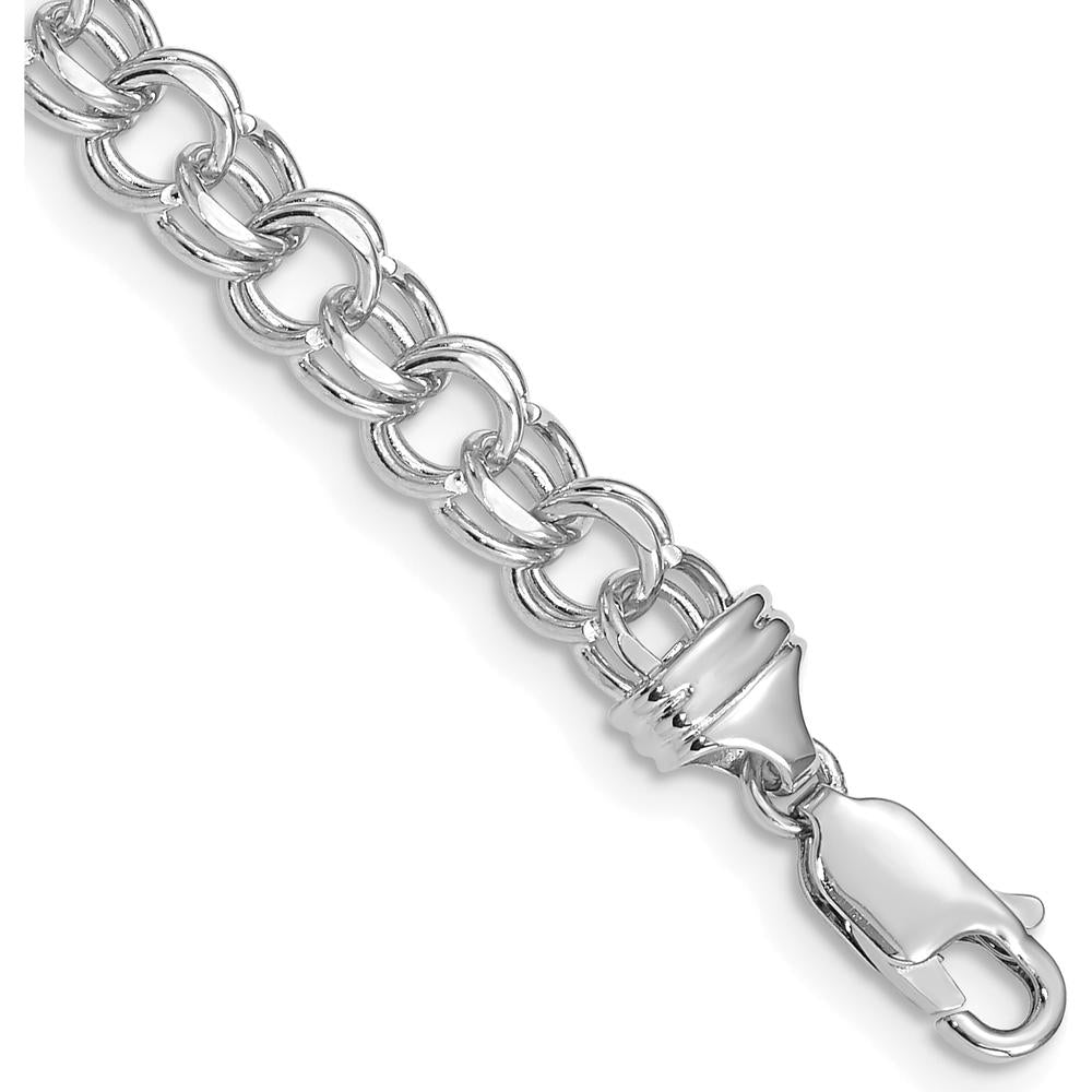 14K White Gold 7" Diamond-Cut Double Link Charm Bracelet - Solid 5.5mm Rhodium-Finished by Oro Pregiato