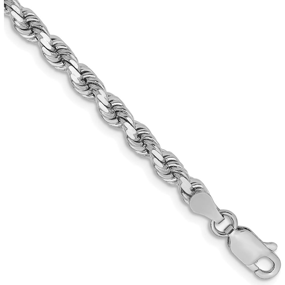 14K White Gold 7" Diamond-Cut Rope Bracelet with Lobster Clasp - 3.75mm Solid Design