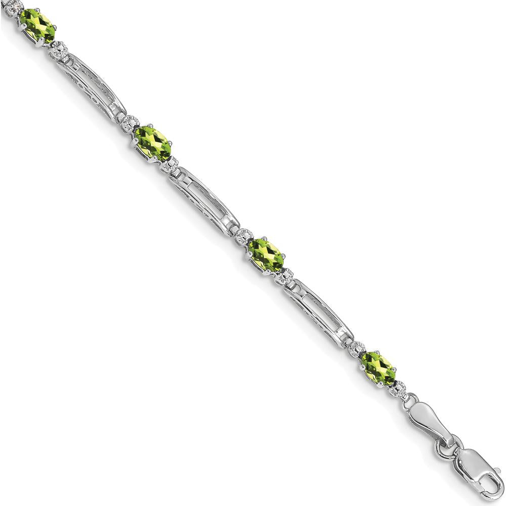 14K White Gold 7" Fancy Link Bracelet with Oval Peridot and Round Diamonds - 0.25 Carats Total Peridot Weight by Monteluci Fine Jewelry