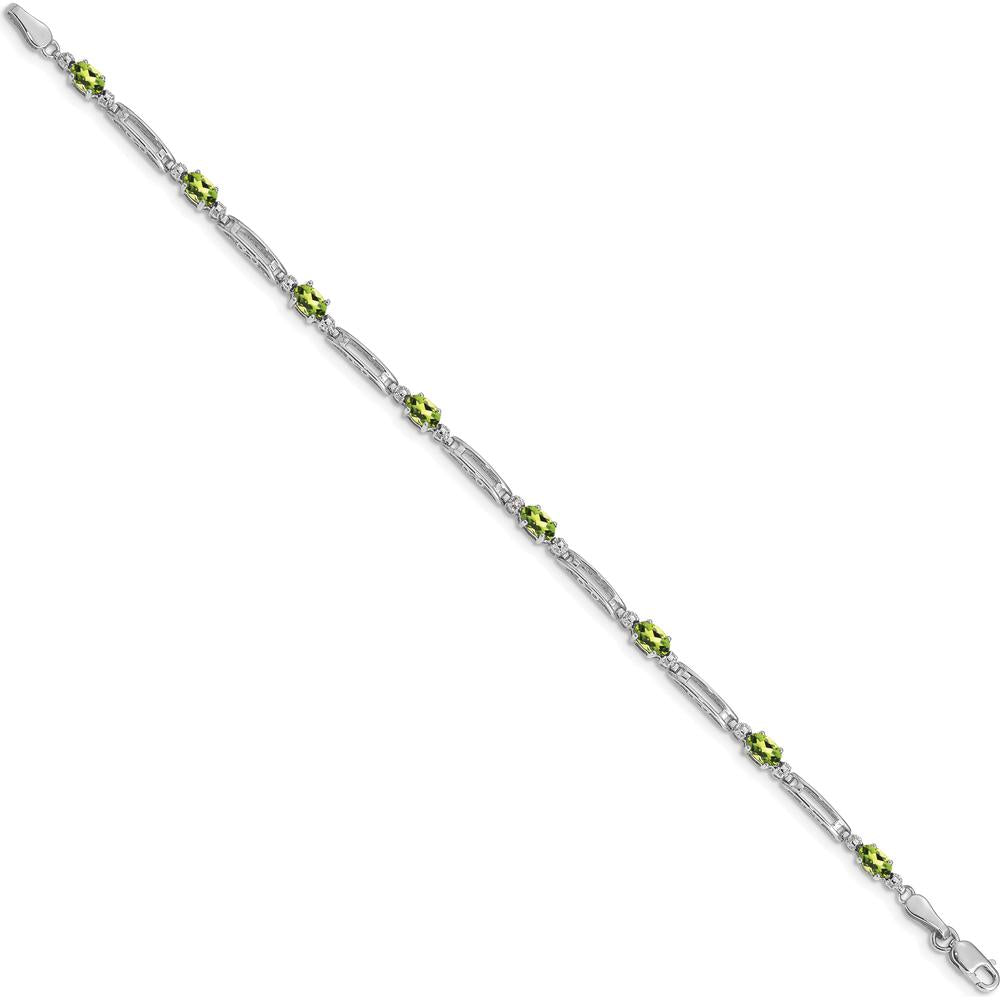 14K White Gold 7" Fancy Link Bracelet with Oval Peridot and Round Diamonds - 0.25 Carats Total Peridot Weight by Monteluci Fine Jewelry