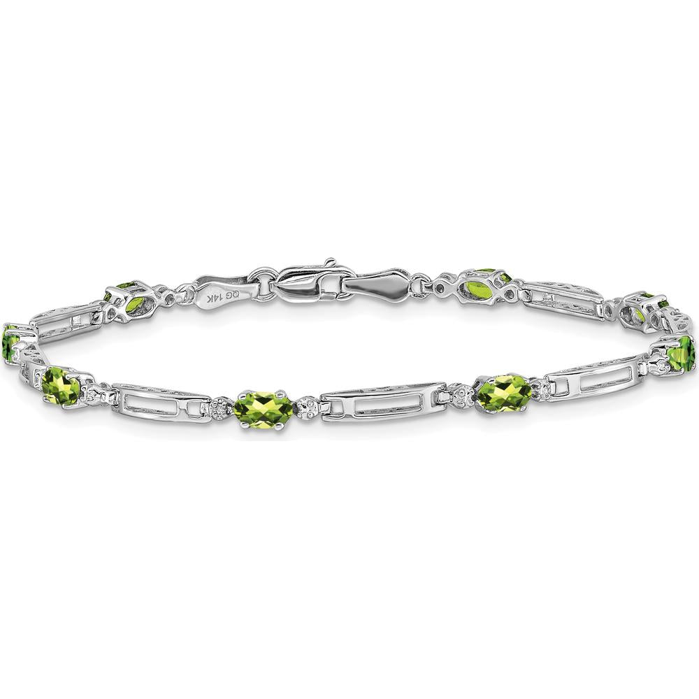 14K White Gold 7" Fancy Link Bracelet with Oval Peridot and Round Diamonds - 0.25 Carats Total Peridot Weight by Monteluci Fine Jewelry