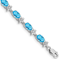 14K White Gold 7" Floral Tennis Bracelet with Swiss Blue Topaz and Diamonds - 0.56 Carats Total Gem Weight by Oro Pregiato