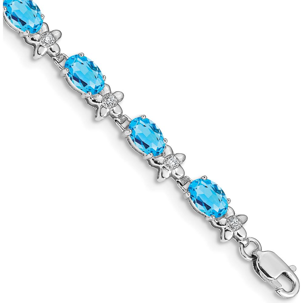 14K White Gold 7" Floral Tennis Bracelet with Swiss Blue Topaz and Diamonds - 0.56 Carats Total Gem Weight by Oro Pregiato