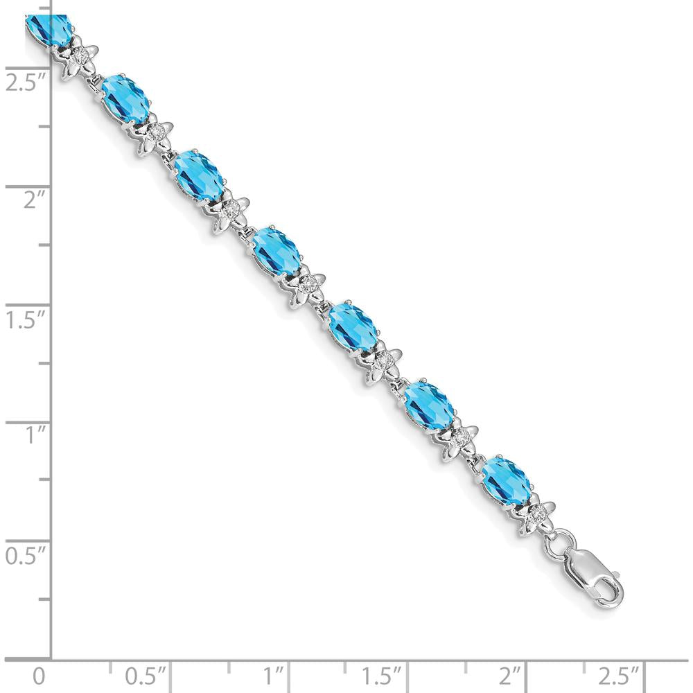 14K White Gold 7" Floral Tennis Bracelet with Swiss Blue Topaz and Diamonds - 0.56 Carats Total Gem Weight by Oro Pregiato