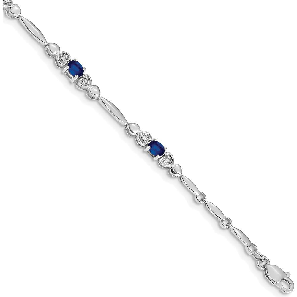 14K White Gold 7" Heart Design Bracelet with Oval Sapphires and Round Diamonds - 0.22 Carats Sapphire Total Weight by Monteluci Fine Jewelry