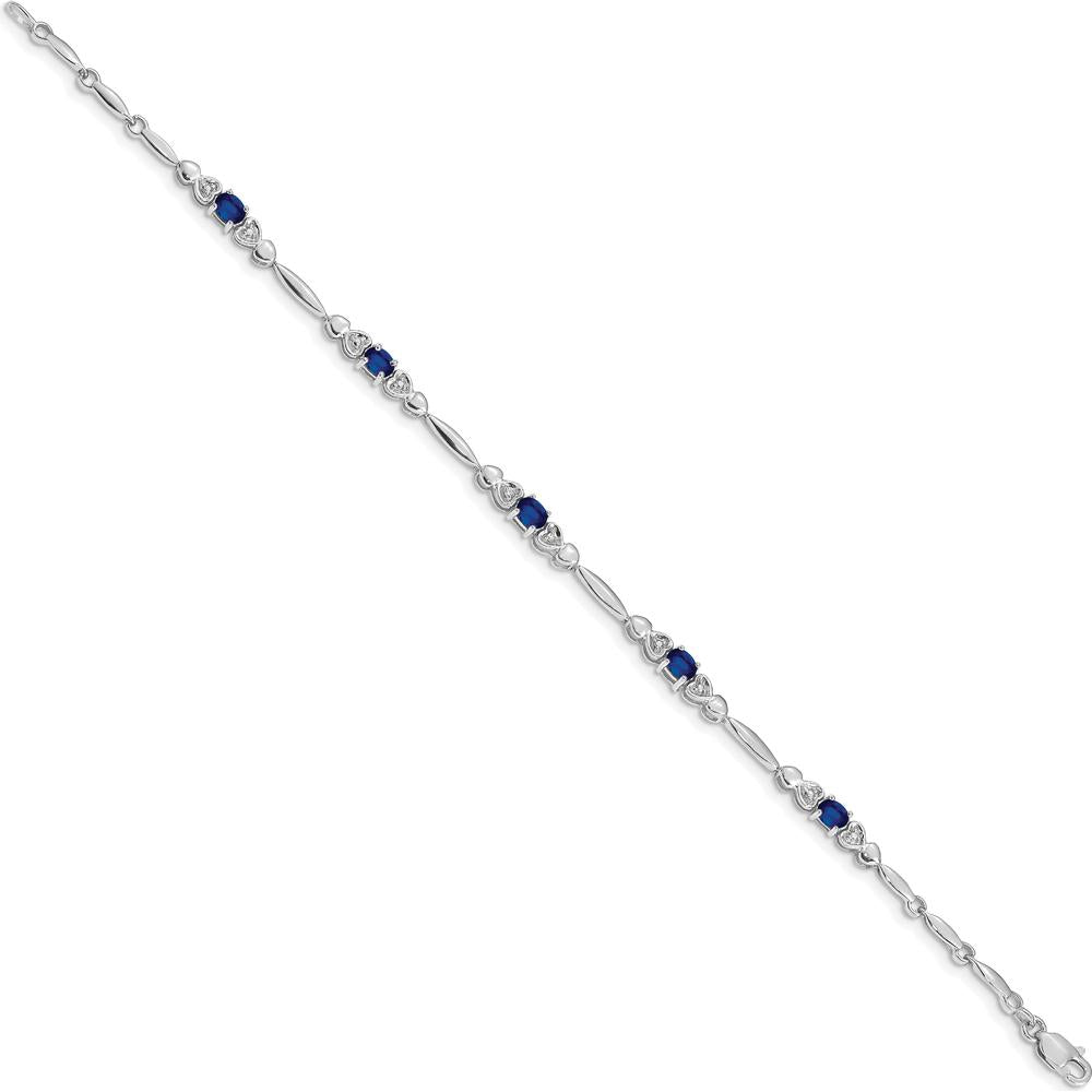 14K White Gold 7" Heart Design Bracelet with Oval Sapphires and Round Diamonds - 0.22 Carats Sapphire Total Weight by Monteluci Fine Jewelry