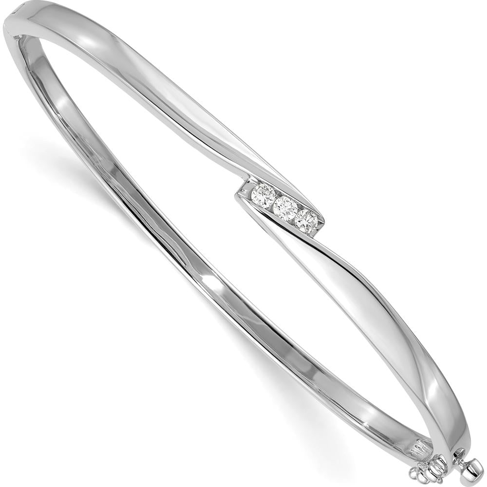14K White Gold 7" Hinged Oval Bangle Bracelet with 3 Channel-Set Round Diamonds - 0.12 Carat Total Diamond Weight by Monteluci Fine Jewelry