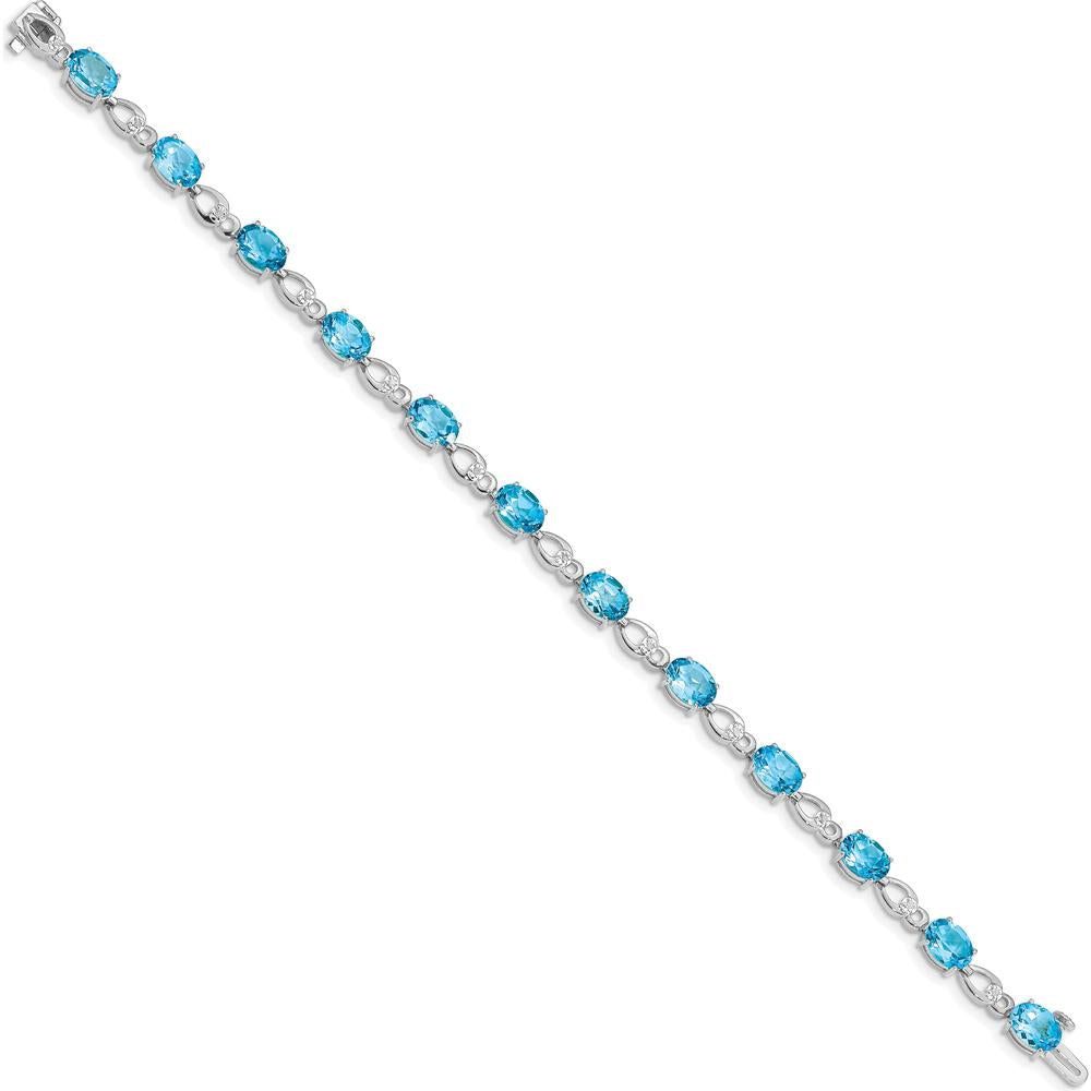 14K White Gold 7-Inch Bracelet with Oval Swiss Blue Topaz and Round Diamonds - 0.75 Carats Total Swiss Blue Topaz Weight, 0.004 Carats Total Diamond Weight by Oro Pregiato