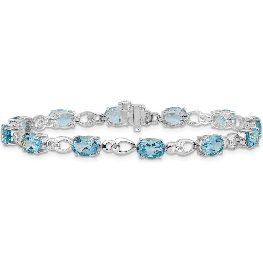 14K White Gold 7-Inch Bracelet with Oval Swiss Blue Topaz and Round Diamonds - 0.75 Carats Total Swiss Blue Topaz Weight, 0.004 Carats Total Diamond Weight by Oro Pregiato