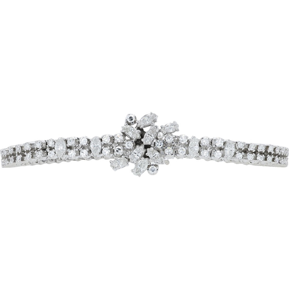 14K White Gold 7-Inch Floral Cluster Diamond Bracelet with Marquise and Round Cut Stones - 4.00 Carat Total Diamond Weight