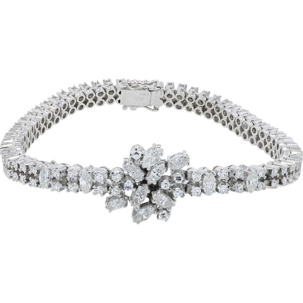 14K White Gold 7-Inch Floral Cluster Diamond Bracelet with Marquise and Round Cut Stones - 4.00 Carat Total Diamond Weight