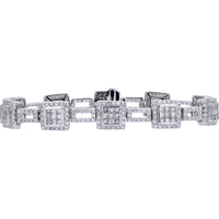 14K White Gold 7-Inch Geometric Diamond Bracelet with Princess-Cut Cluster and Pavé Halo Links - 5.75 Carat Total Diamond Weight