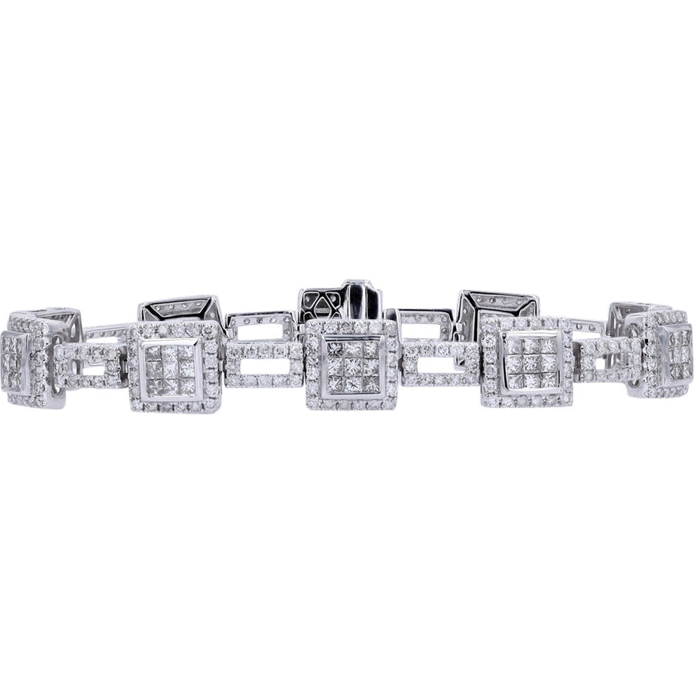 14K White Gold 7-Inch Geometric Diamond Bracelet with Princess-Cut Cluster and Pavé Halo Links - 5.75 Carat Total Diamond Weight