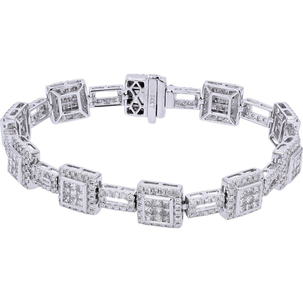 14K White Gold 7-Inch Geometric Diamond Bracelet with Princess-Cut Cluster and Pavé Halo Links - 5.75 Carat Total Diamond Weight