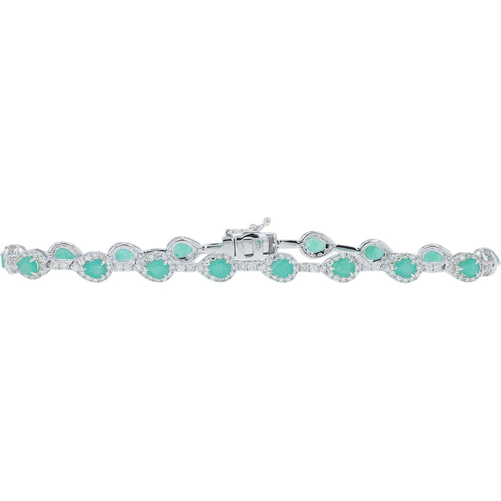 14K White Gold 7-Inch Halo Bracelet with Pear-Shaped Emeralds and 1.50 Carat Diamond Accents - 2.50 Carat Total Emerald Weight